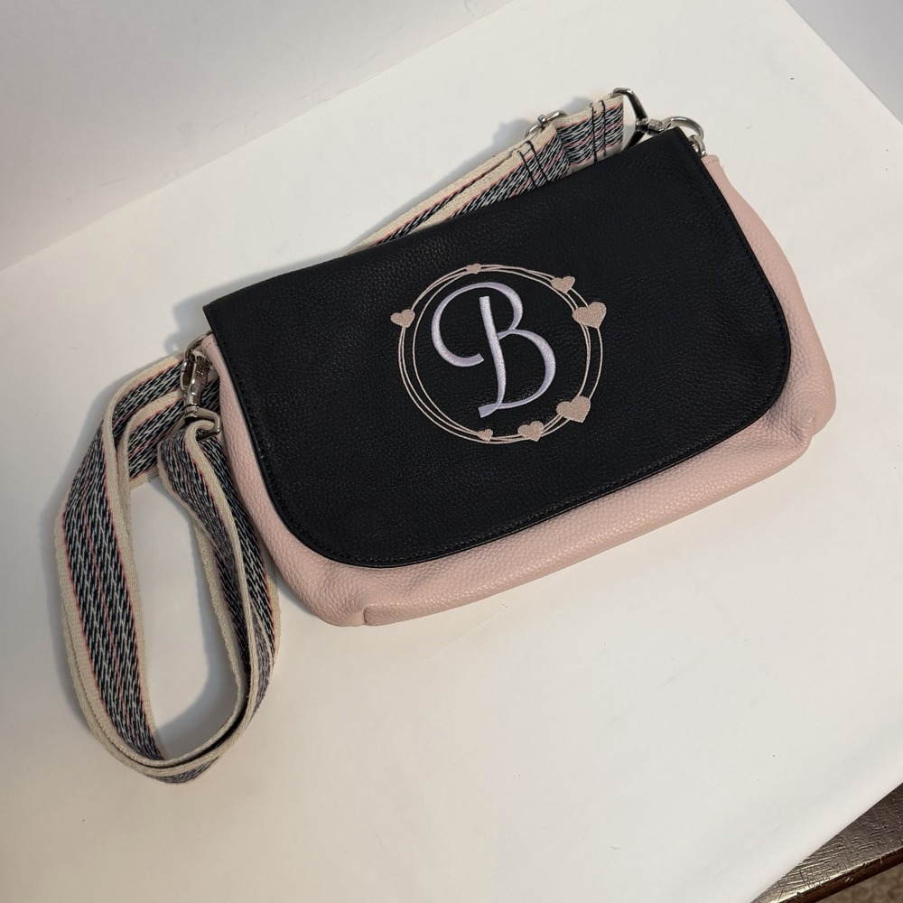 Thirty One Studio Clutch in Rose Blush Pebble Black Flap "B" Striped Cloth Strap
